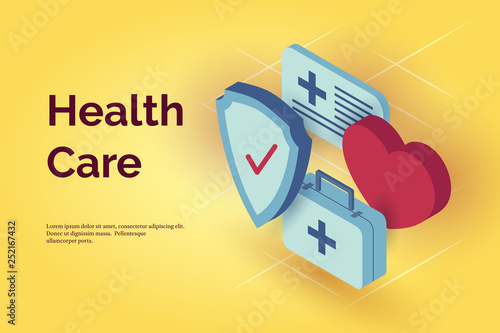Medical care concept in isometric for healthcare design.