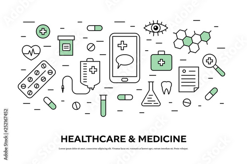 Healthcare concept with medical icons in thin line style