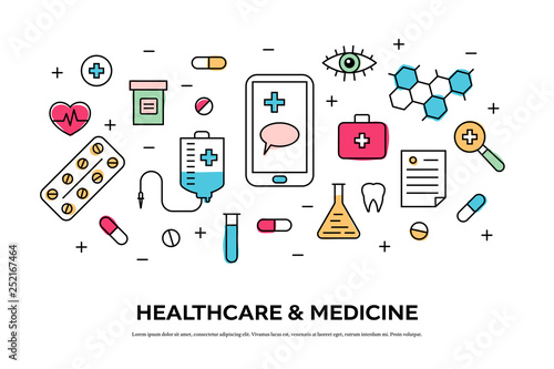 Healthcare concept with medical icons in thin line style