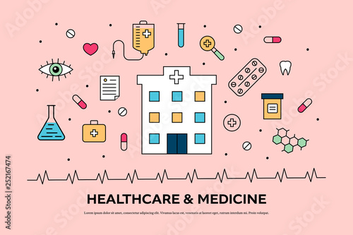 Healthcare concept with medical icons in thin line style