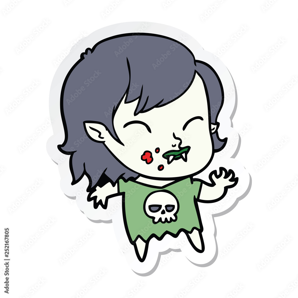 sticker of a cartoon vampire girl with blood on cheek