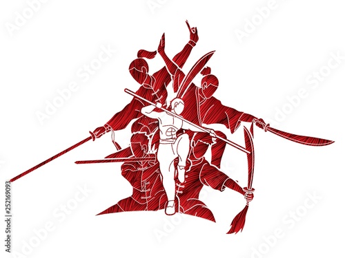 Kung Fu fighter with weapons, Martial arts action pose cartoon graphic vector.