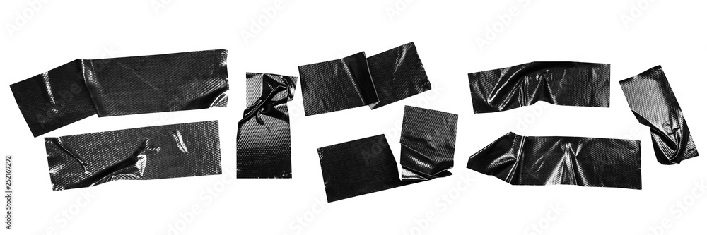 Set of black tapes on white background. Torn horizontal and different size black sticky tape, adhesive pieces. - obrazy, fototapety, plakaty 