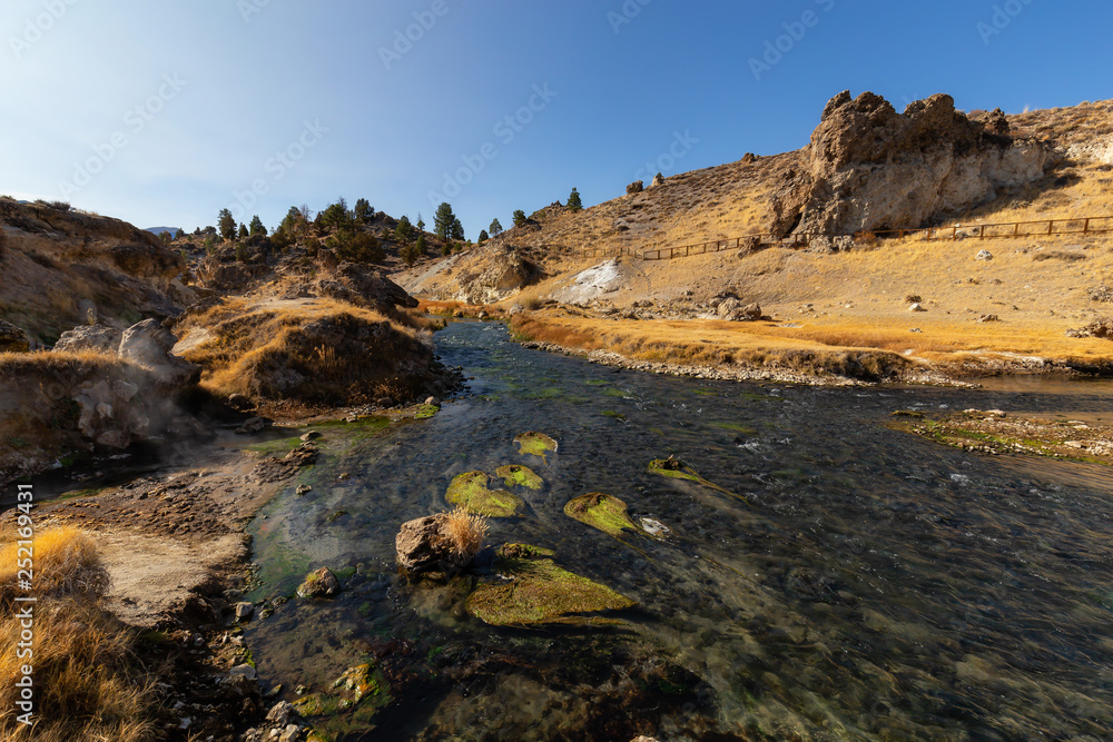 Obraz premium View of natural Hot Springs at Hot Creek Geological Site. Located near Mammoth Lakes, California, United States.