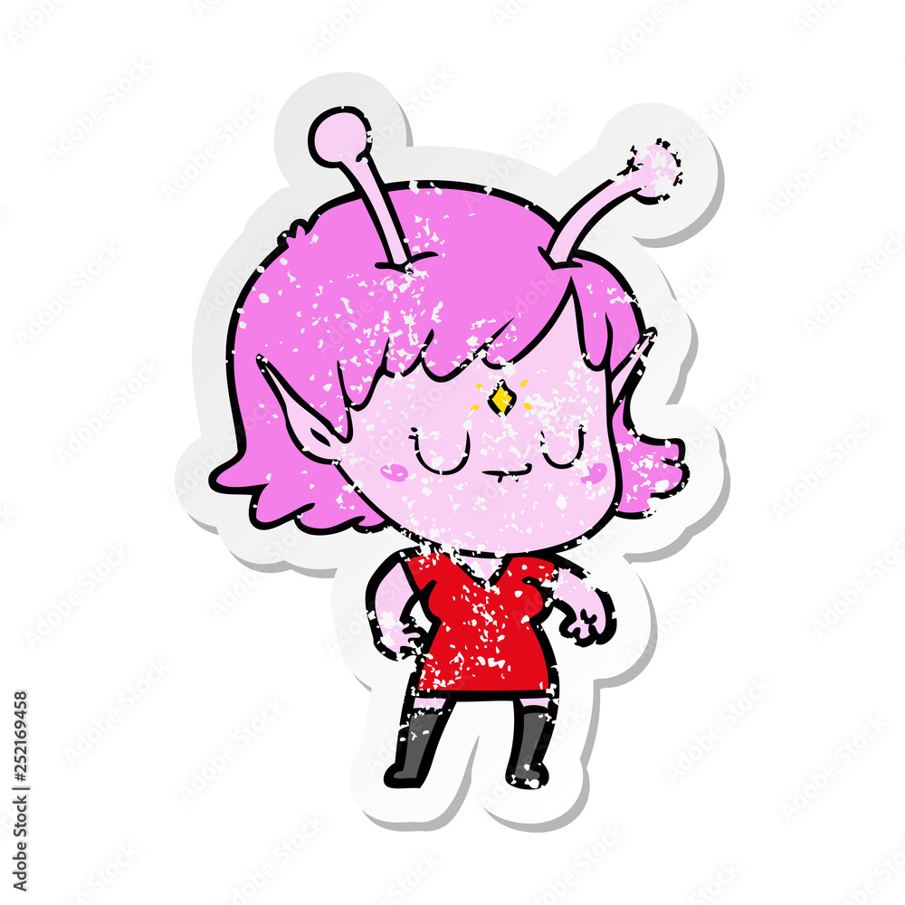 distressed sticker of a cartoon alien girl