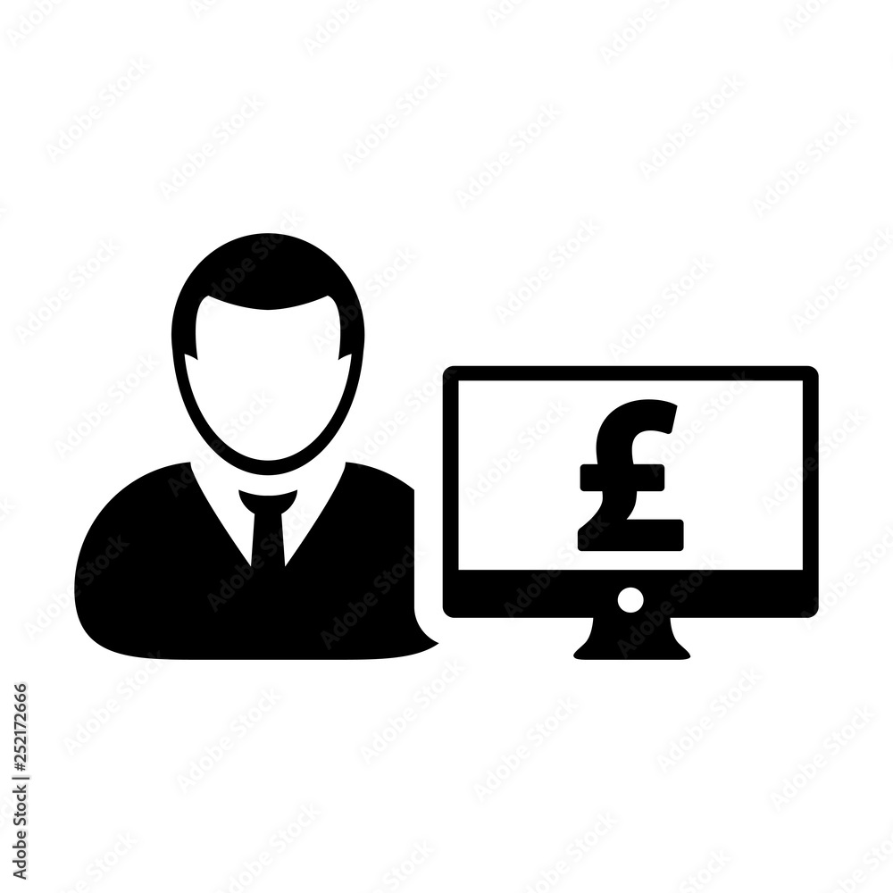 Pound sign icon vector male user person profile avatar with computer monitor currency money symbol for banking and finance business in flat color glyph pictogram illustration Pound sign icon vector male user person profile avatar with computer monitor currency money symbol for banking and finance business in flat color glyph pictogram illustration