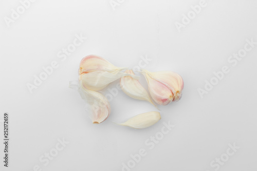 garlic on white background. Top View garlic from garden.