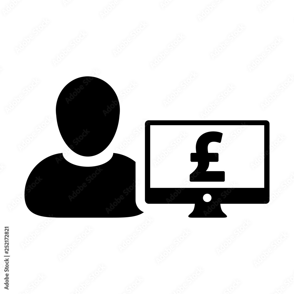 Pound sign icon vector male user person profile avatar with computer monitor currency money symbol for banking and finance business in flat color glyph pictogram illustration Pound sign icon vector male user person profile avatar with computer monitor currency money symbol for banking and finance business in flat color glyph pictogram illustration