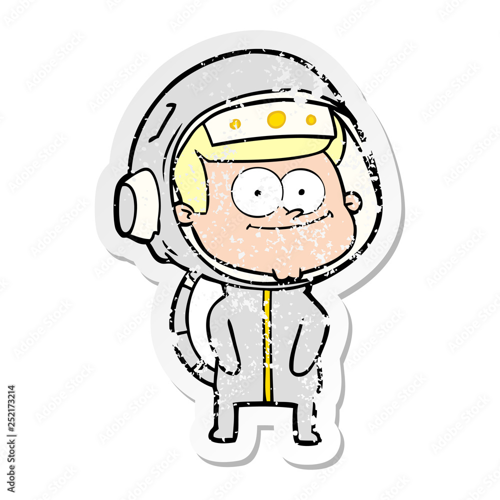 distressed sticker of a happy astronaut cartoon distressed sticker of a happy astronaut cartoon