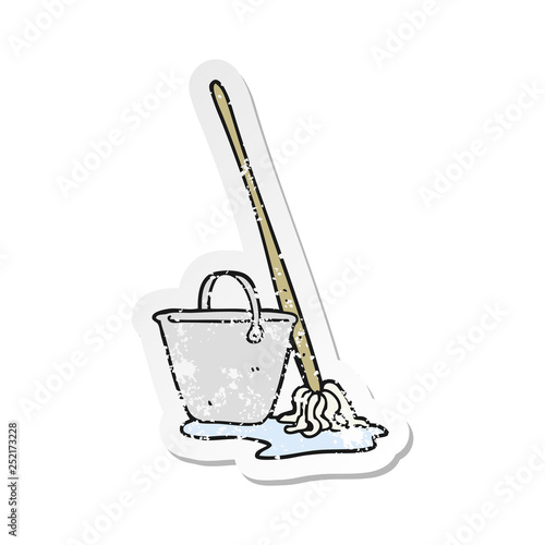 retro distressed sticker of a cartoon mop and bucket