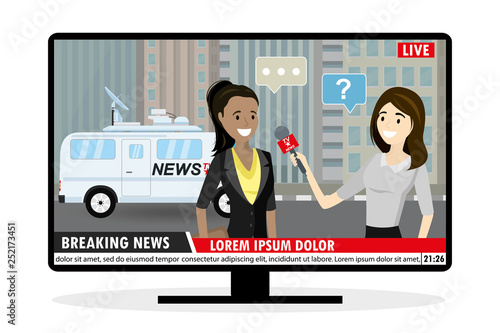 Female television reporter with microphone interviews business woman
