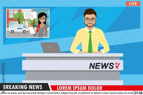 European male news anchor on tv breaking news background