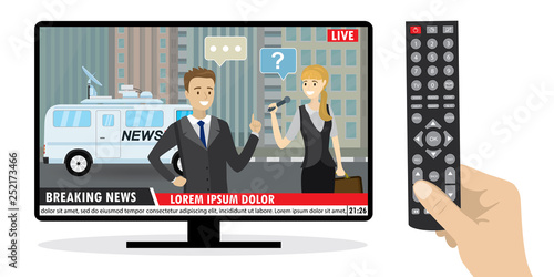 Female reporter with microphone interviewing a businessman,