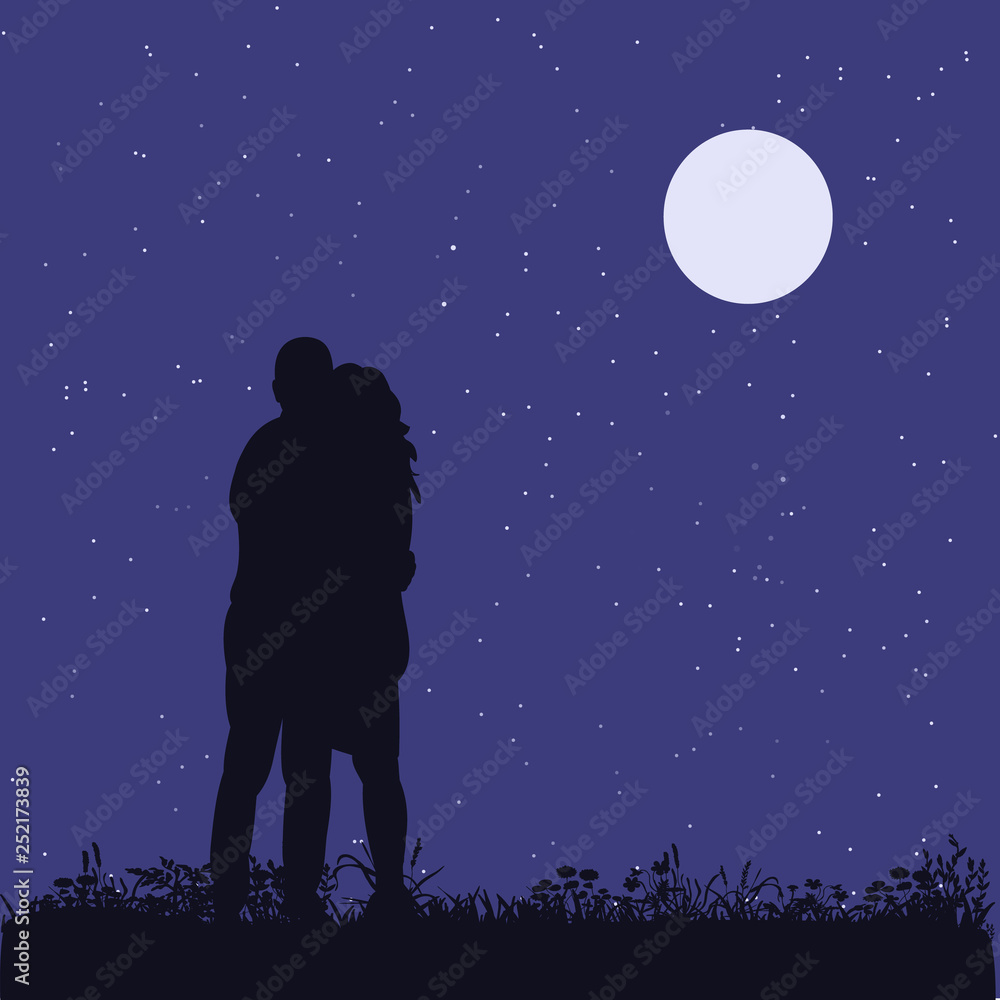 isolated, silhouette people in the evening in the park, the moon and the stars in the sky
