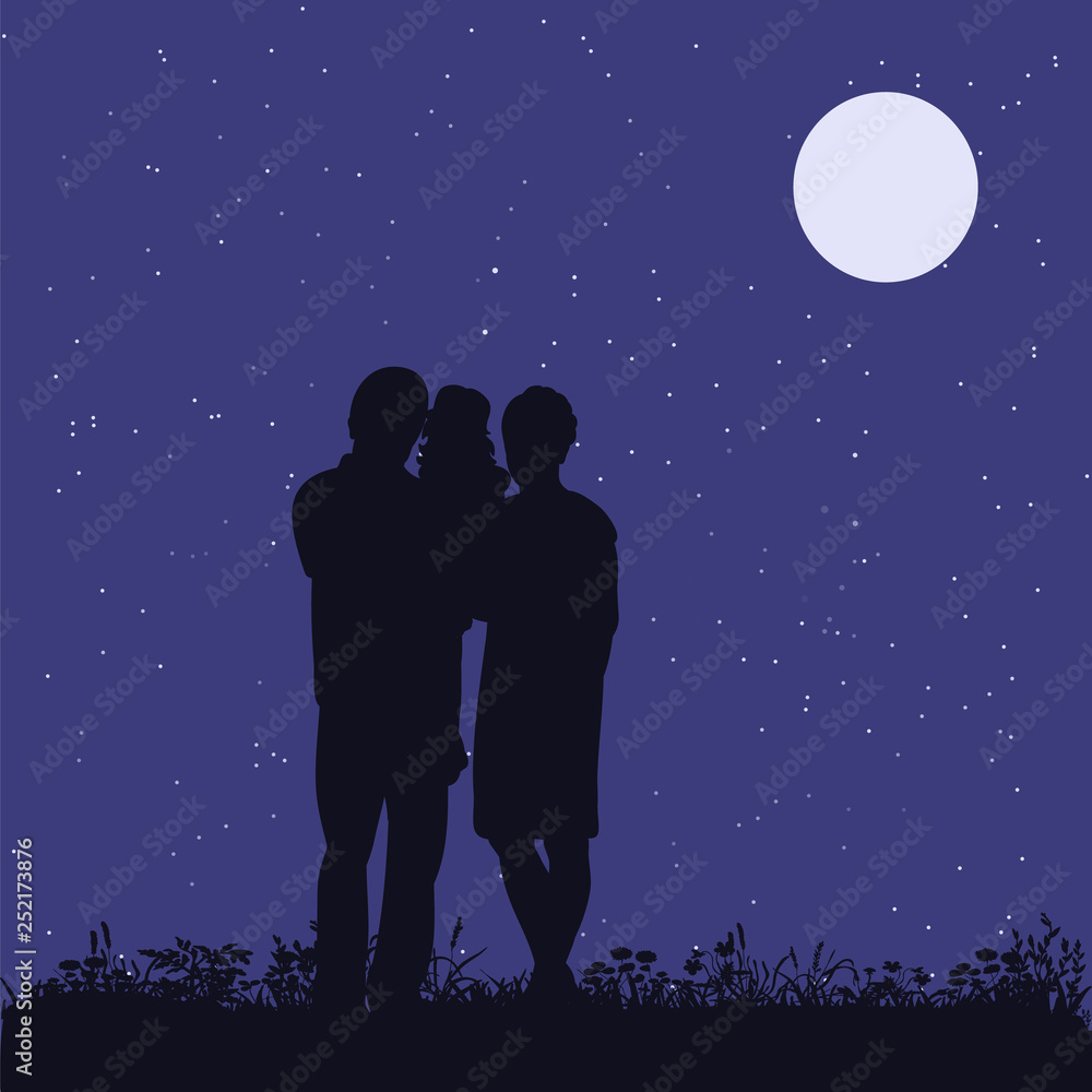 silhouette of a family with children in the evening in the park