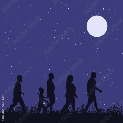 silhouette people walk in the park in the evening