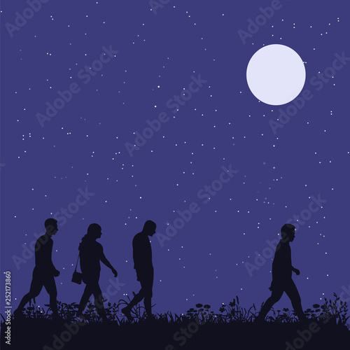 people walk in the park in the evening
