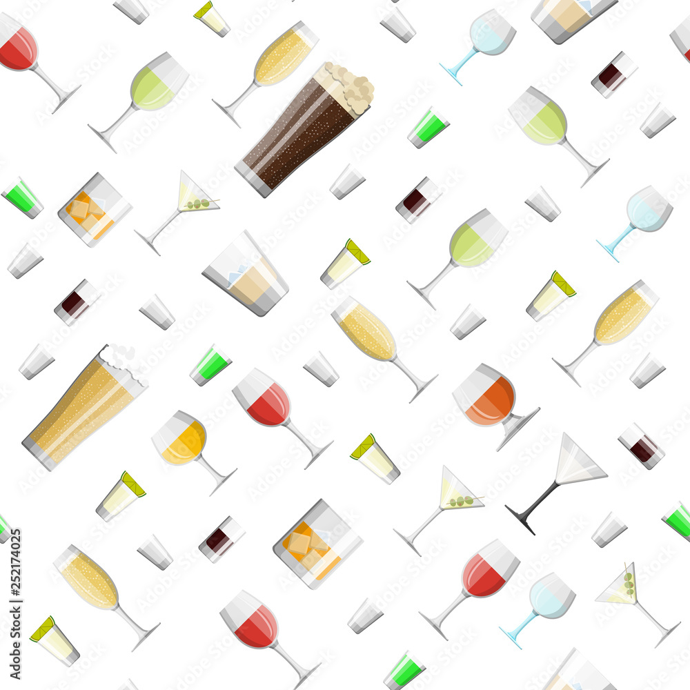 Alcohol drinks collection in glasses seamless pattern. Vodka champagne wine whiskey beer brandy tequila cognac liquor vermouth gin rum absinthe sambuca cider bourbon. Vector illustration in flat style Alcohol drinks collection in glasses seamless pattern. Vodka champagne wine whiskey beer brandy tequila cognac liquor vermouth gin rum absinthe sambuca cider bourbon. Vector illustration in flat style