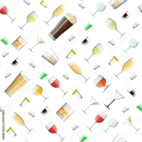 Alcohol drinks collection in glasses seamless pattern. Vodka champagne wine whiskey beer brandy tequila cognac liquor vermouth gin rum absinthe sambuca cider bourbon. Vector illustration in flat style