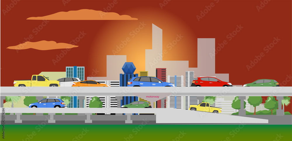 Cartoon vector landscape city with cars running on the street with evening sky.