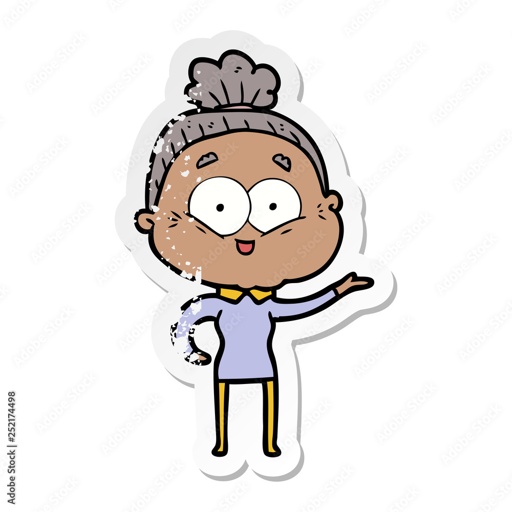 distressed sticker of a cartoon happy old woman distressed sticker of a cartoon happy old woman