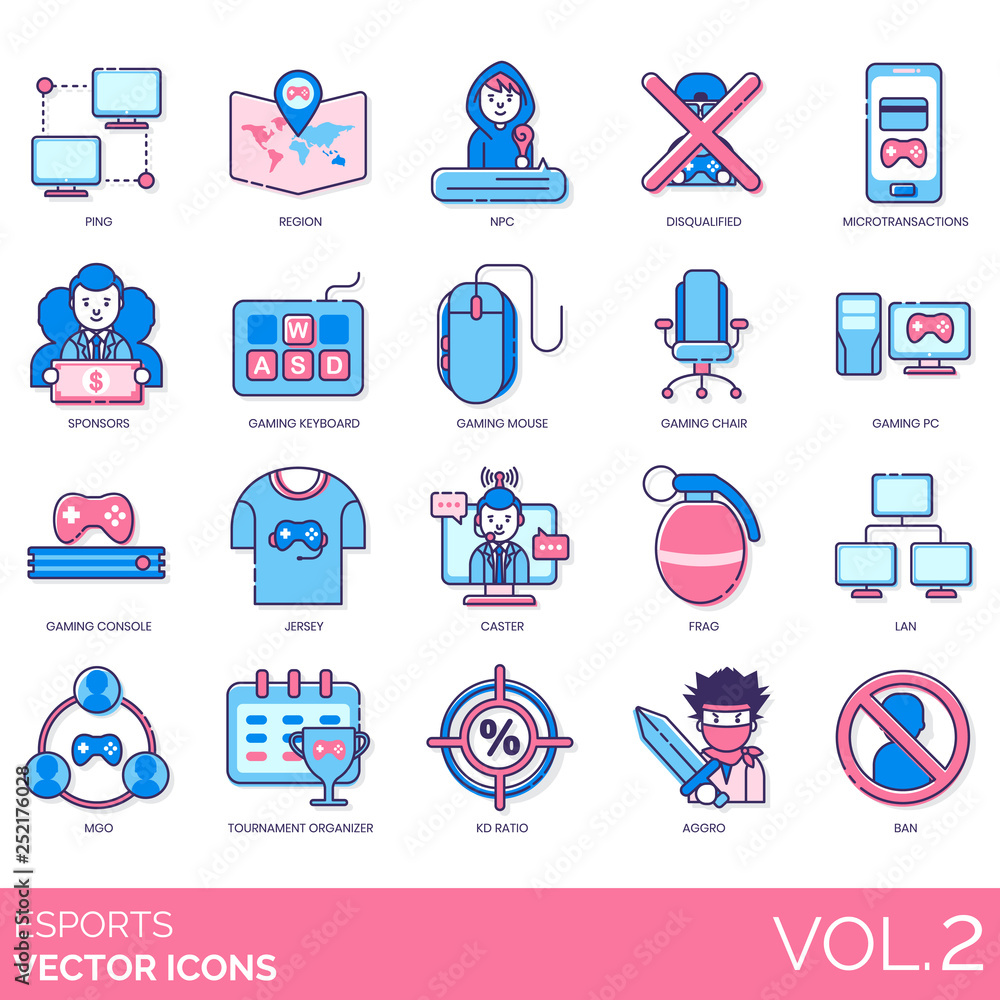 Esports icons including ping, region, NPC, disqualified, microtransactions,  sponsors, gaming keyboard, mouse, chair, PC, console, jersey, caster, frag,  LAN, MGO, tournament organizer, KD ratio, aggro. Stock Vector | Adobe Stock