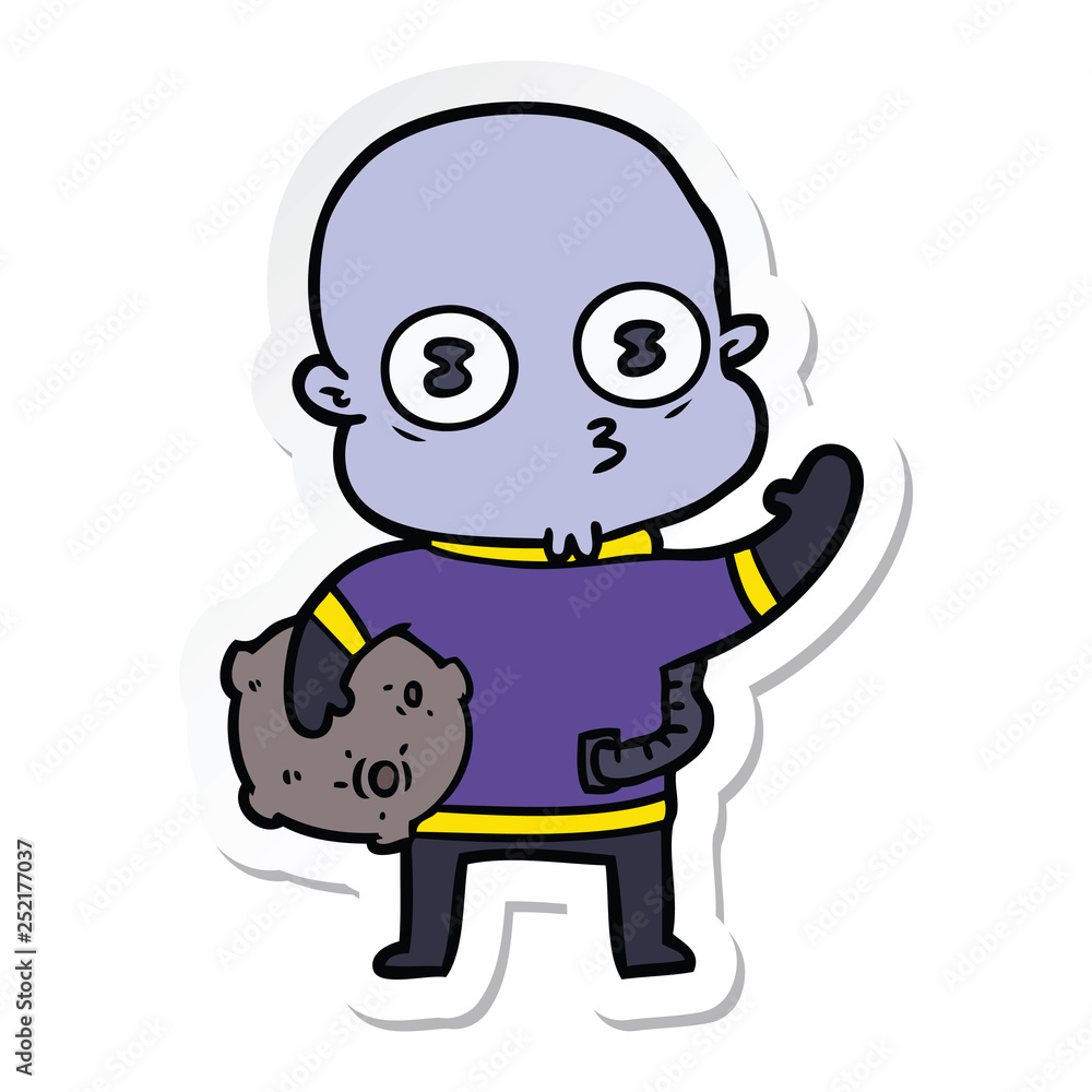 sticker of a waving weird bald spaceman sticker of a waving weird bald spaceman