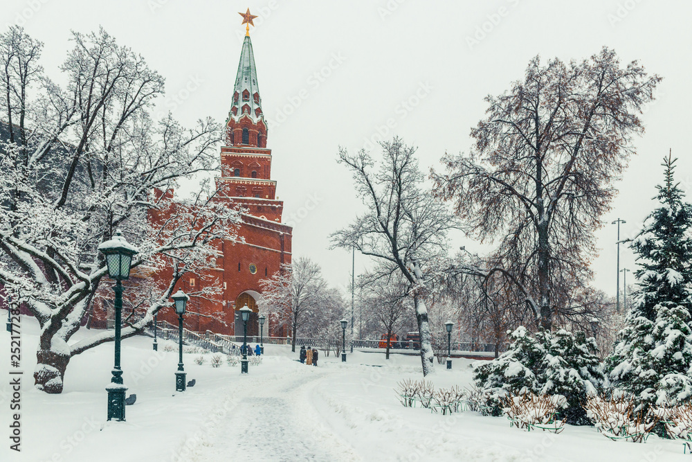 Fototapeta premium Walk at the Kremlin walls in winter Moscow, cityscape, Russia
