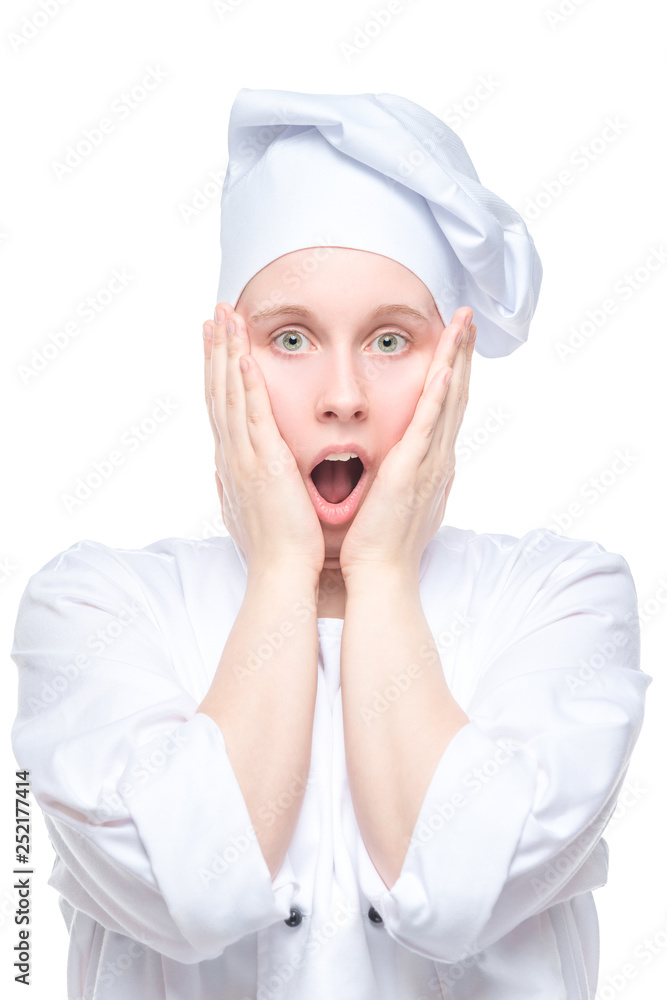 portrait of a shocked cook on white background isolated portrait of a shocked cook on white background isolated