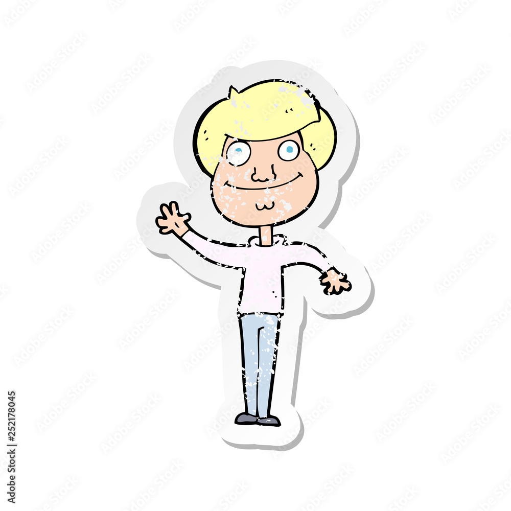 retro distressed sticker of a cartoon happy man waving retro distressed sticker of a cartoon happy man waving