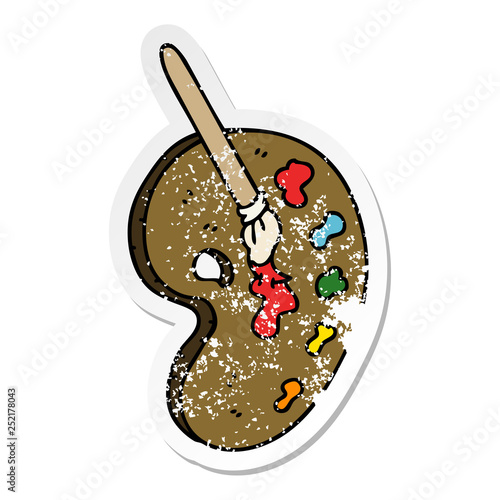 distressed sticker of a quirky hand drawn cartoon art pallette