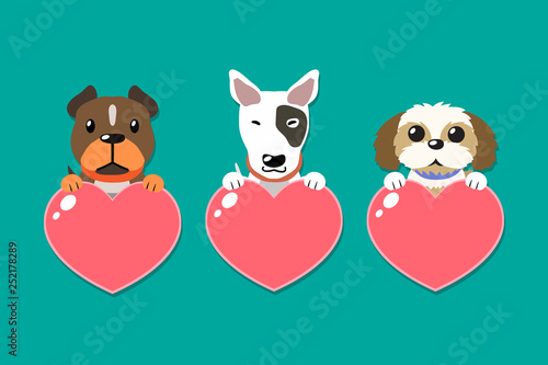 Vector cartoon dogs with heart signs set for design.