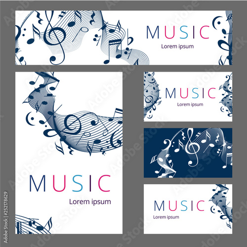 Set of templates with poster, brochure, ticket, program event and VIP. Treble clef illustration with brush strokes and colors. Texture watercolor effect.