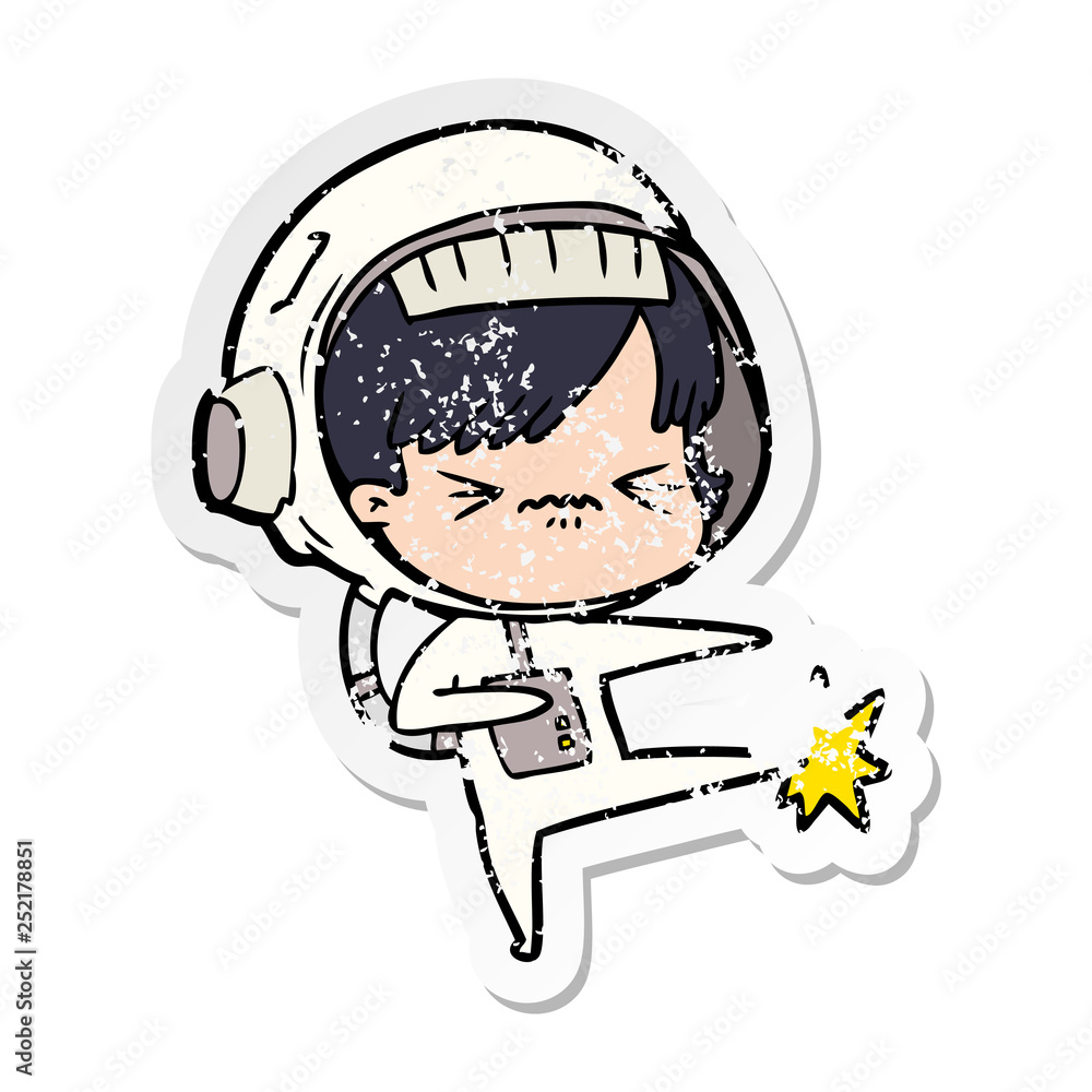 distressed sticker of a cartoon astronaut woman distressed sticker of a cartoon astronaut woman