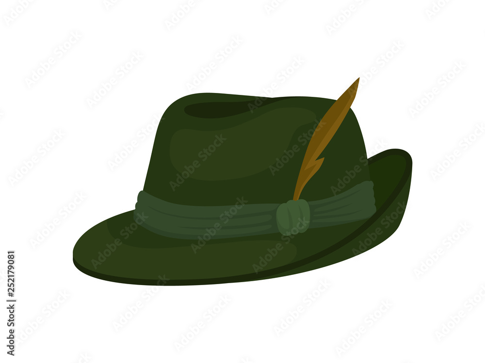 Green Bavarian or Tyrolean hat with feather. Traditional German headwear. Male accessory, part of costume. Flat vector Green Bavarian or Tyrolean hat with feather. Traditional German headwear. Male accessory, part of costume. Flat vector