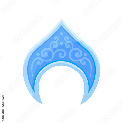 Bright blue kokoshnik with ornaments. National Russian headdress for women. Traditional hat. Flat vector icon