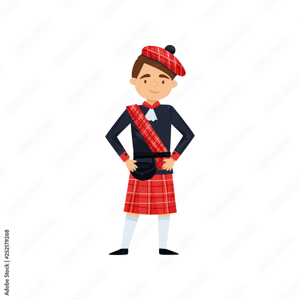 Smiling boy in red kilt and beret with checkered red pattern. Traditional Scottish dress. National costume. Flat vector