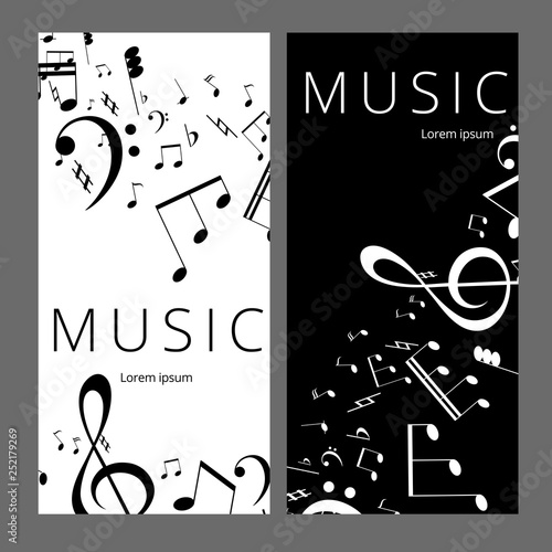 Set of abstract banners with black and white music key and notes. Banner template for music festive and party.