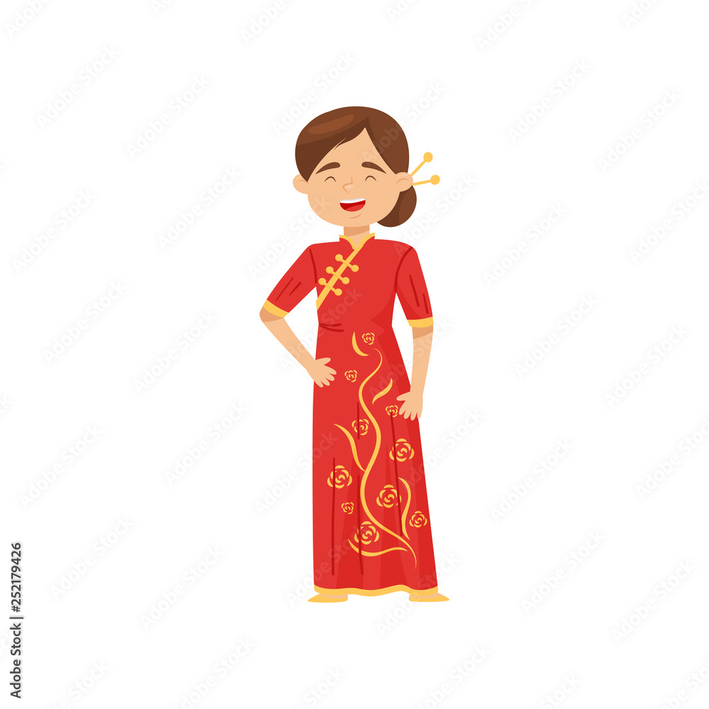 Laughing girl in national costume of China. Female in bright red dress. Traditional Chinese clothes. Flat vector design Laughing girl in national costume of China. Female in bright red dress. Traditional Chinese clothes. Flat vector design