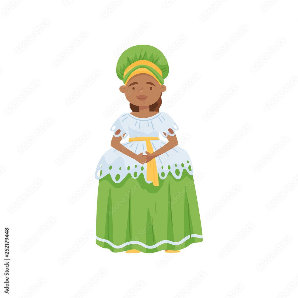 Cute girl wearing Brazilian national dress. Traditional clothing of Brazil.  Cartoon character. Flat vector design Stock Vector | Adobe Stock