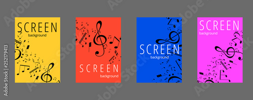 Musical banner set with colored key notes. Abstract music background. Vector paper illustration.