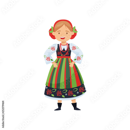 Cheerful girl in traditional Polish folk dress. National costume. Cartoon female character. Flat vector design