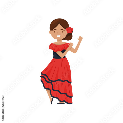 Cheerful girl in traditional Spanish dress. Flamenco dancer costume. National outfit of Spain. Flat vector design