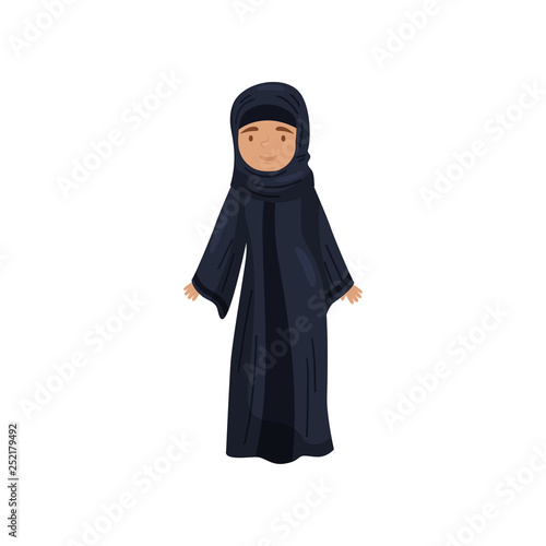Girl in traditional Muslim dress. Female in black long jilbab. National Islamic clothing. Flat vector design