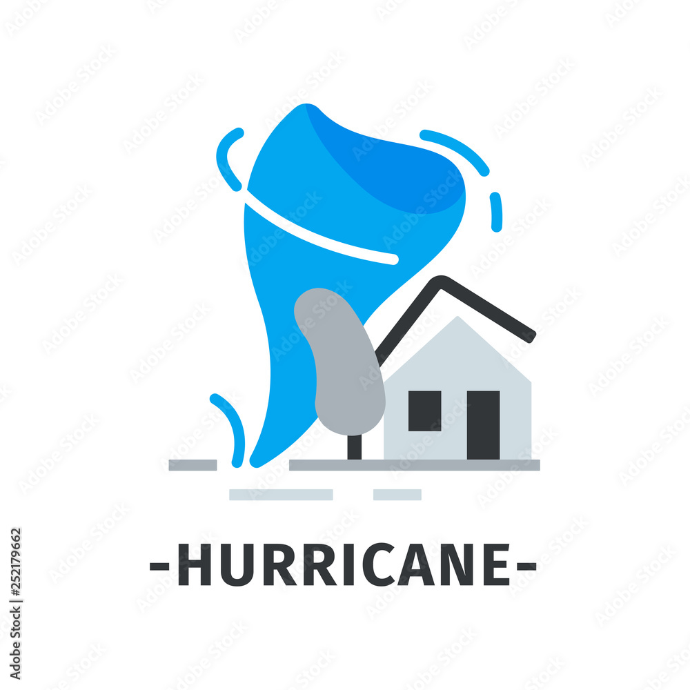Hurricane icon with blue violent wind whirl, gray house with broken roof and tree. Natural disaster. Flat vector Hurricane icon with blue violent wind whirl, gray house with broken roof and tree. Natural disaster. Flat vector