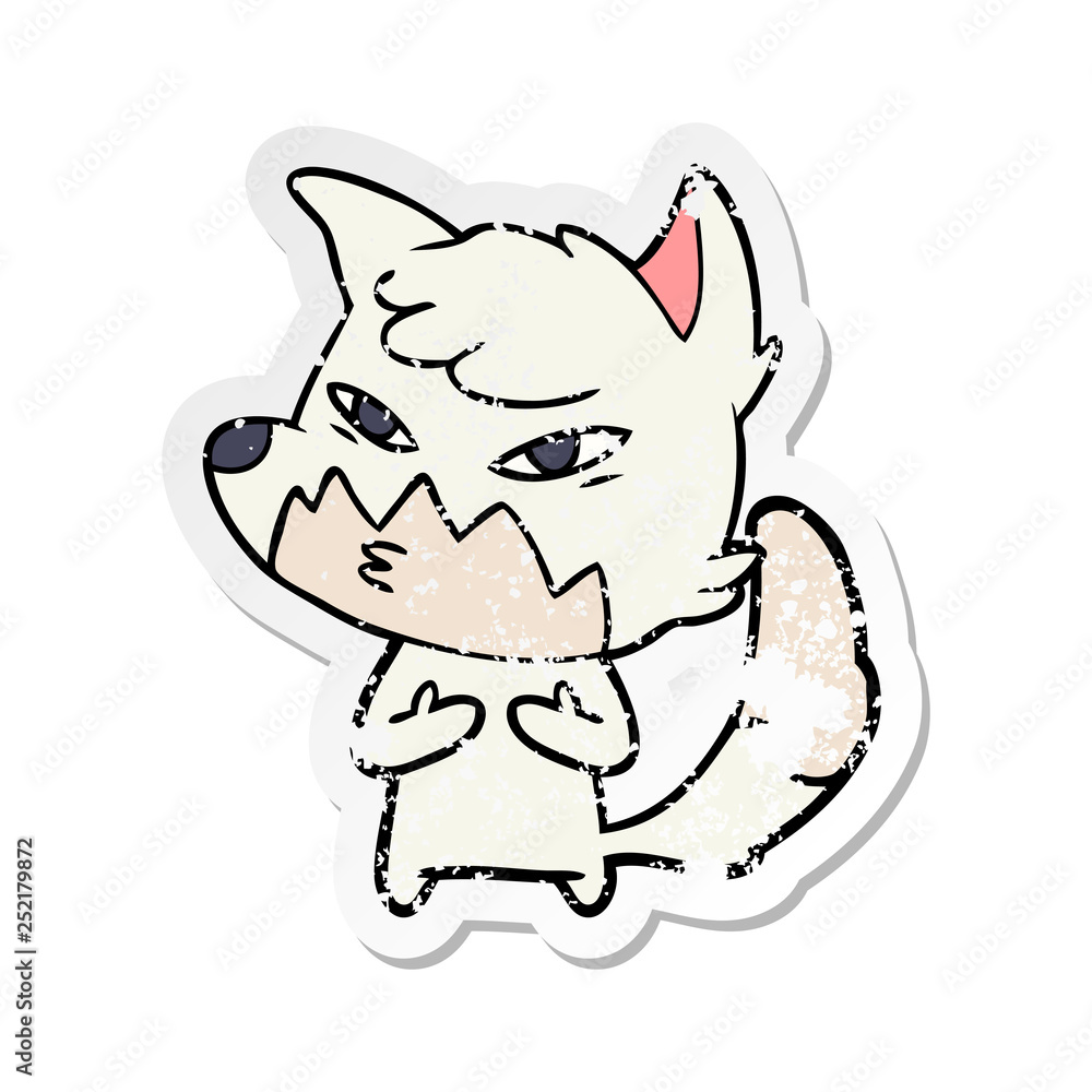 distressed sticker of a clever cartoon fox distressed sticker of a clever cartoon fox