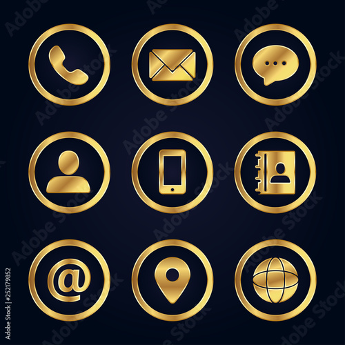 Golden business contact icons set