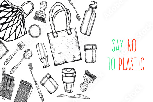 Zero Waste life stile.Hand drawn elements . Eco style. No plastic. Go green.Engraved stile.Cloth shopping bag, reusable produce bag.Bamboo toothbrush,shaving brush, glass jar,spoon, fork, knife,bottle