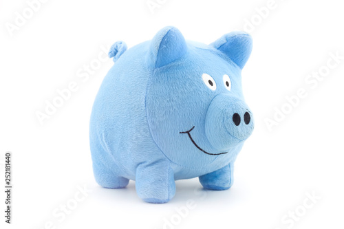 Stuffed blue piggy doll isolated on white background. photo