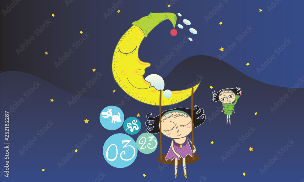 cute girl cartoon on the moon fortune concept